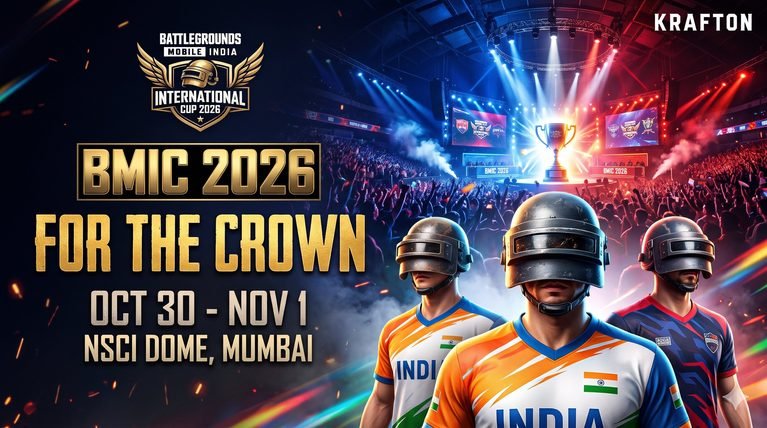 BMIC 2026 For the Crown banner: helmeted players in India jerseys in front of a packed esports arena and trophy, Oct 30 to Nov 1 at NSCI Dome, Mumbai