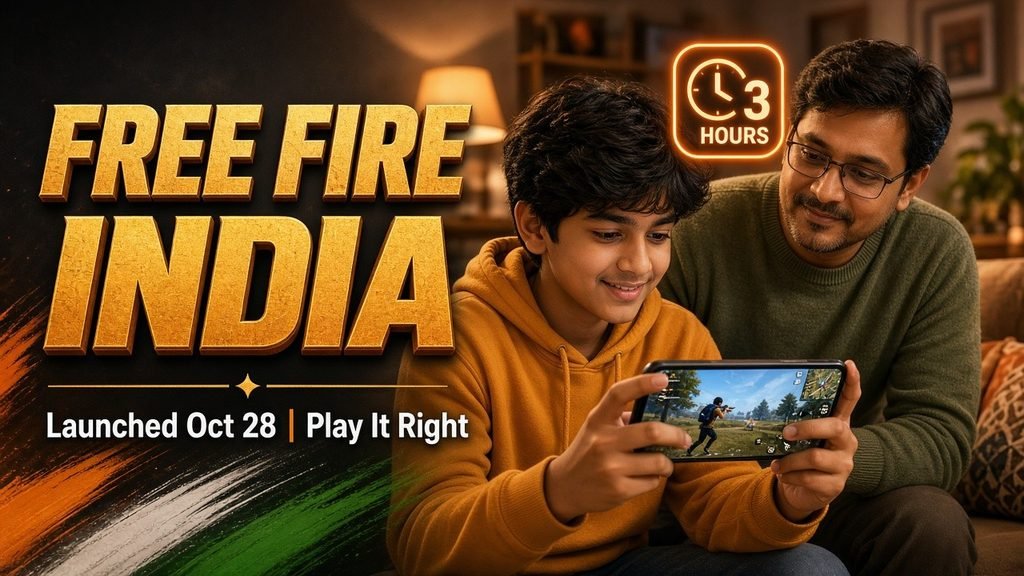 Free Fire India launch banner: a teen plays on a smartphone while a parent watches, with a 3-hour daily limit timer.